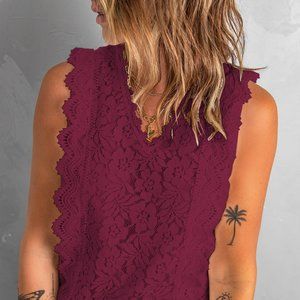 Wine Red Lace V Neck Tank Top